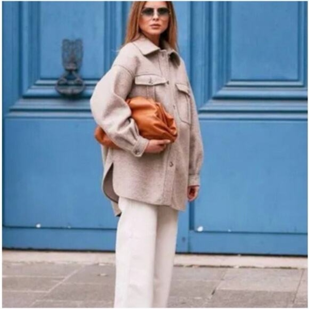 Joie Cream Plaid Neutral Long Button Down Shacket Coat L - Picture 9 of 9
